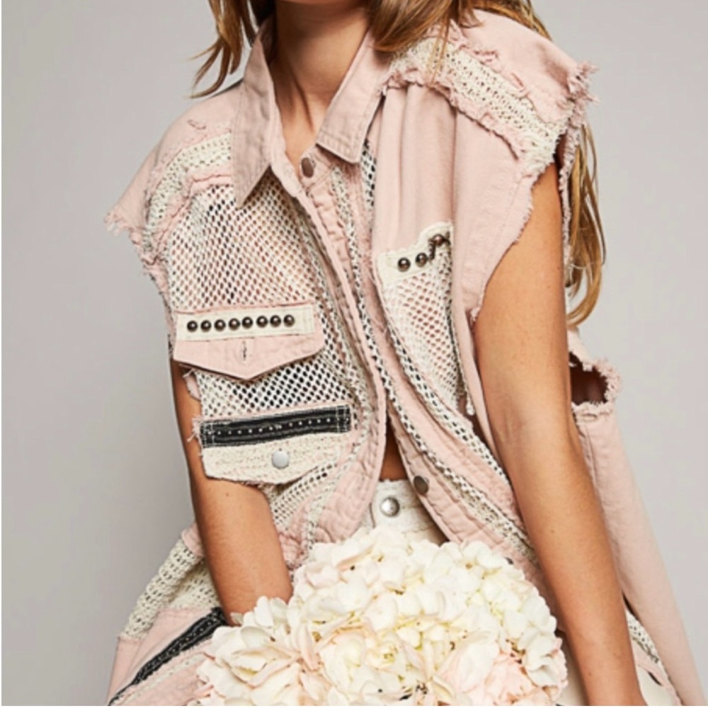 POL Pink Denim Vest with crochet Accents